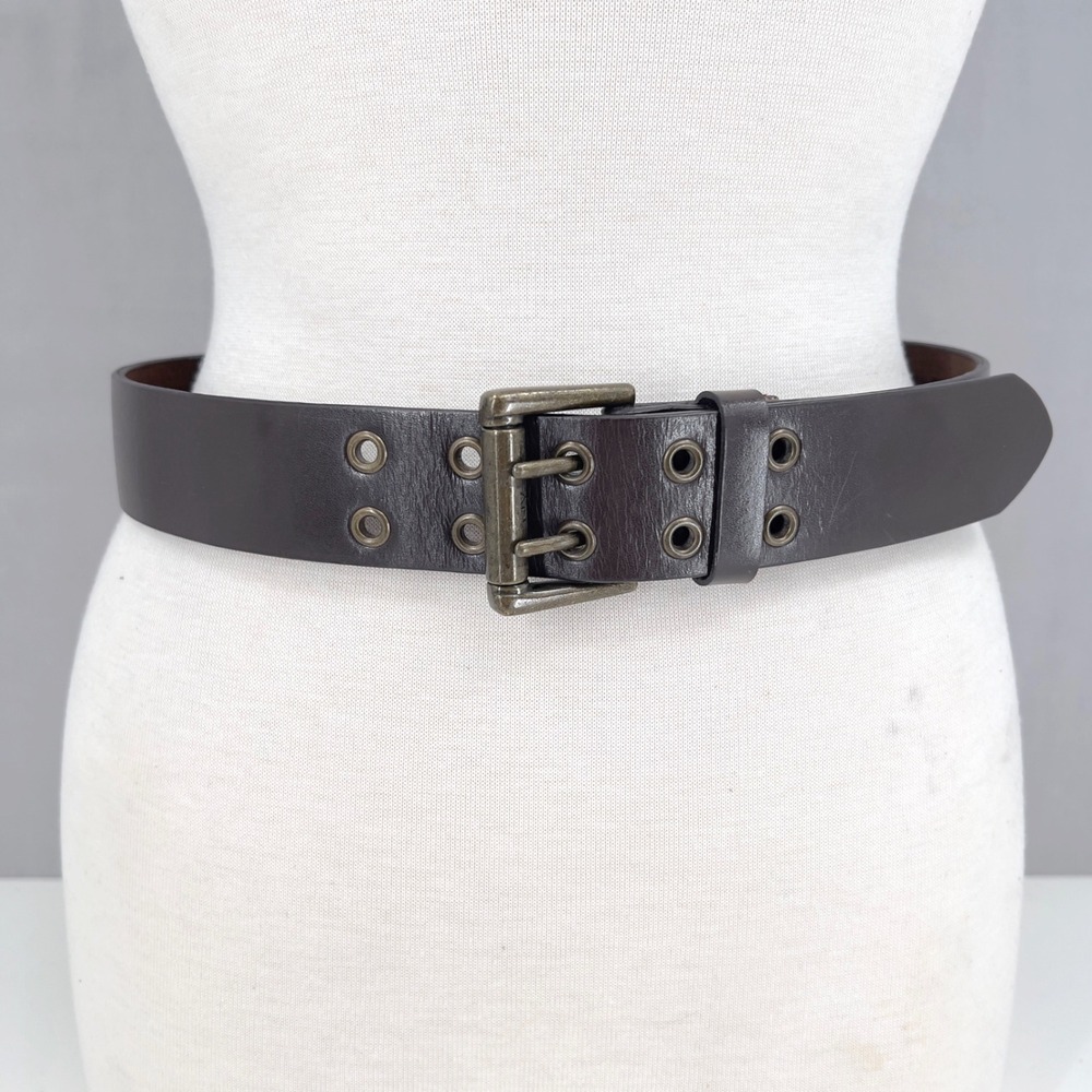 NY Jeans Womens M Brown Wide Leather Belt Double Prong Grommets Rocker Retro